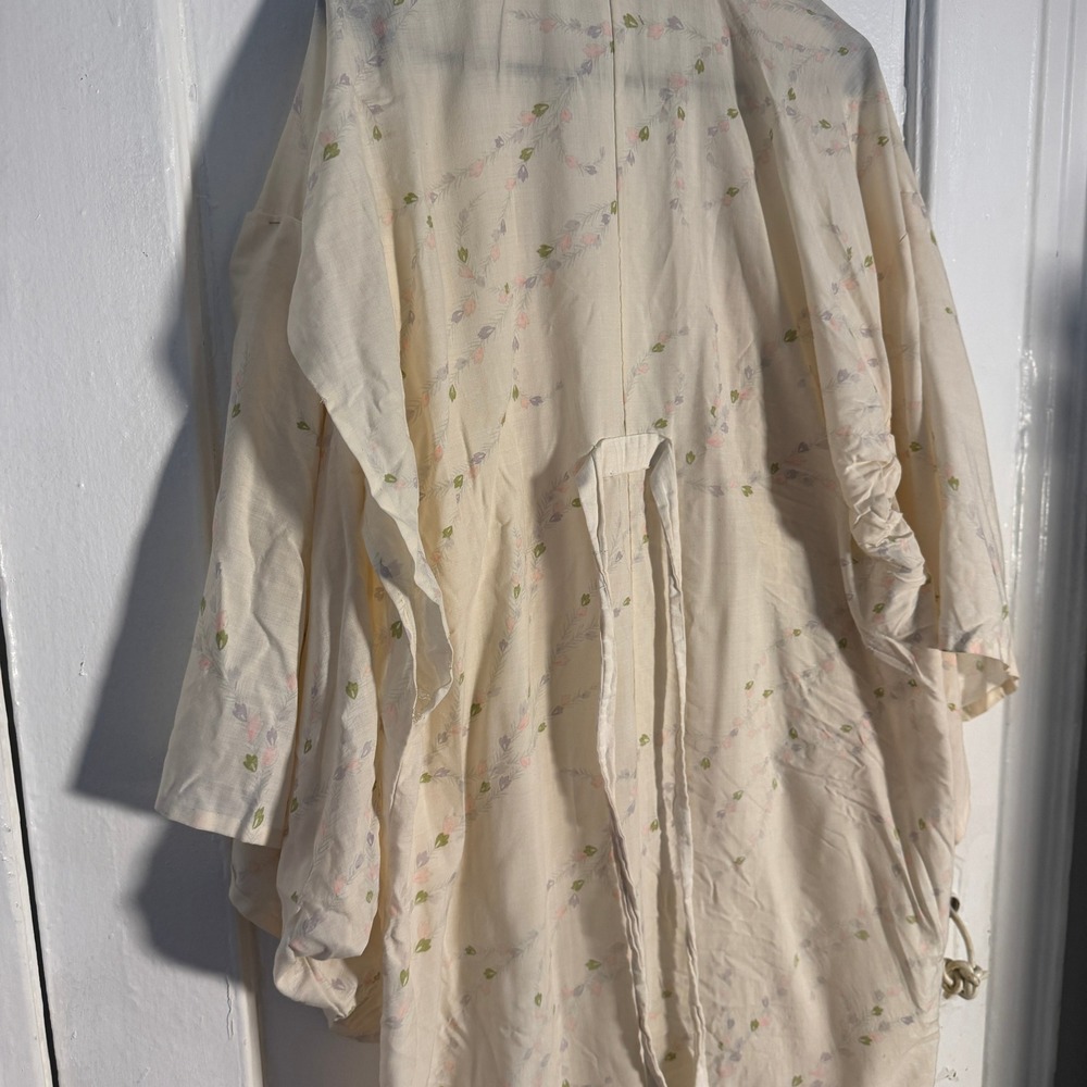 Vtg Japanese Cotton Kimono Robe Cream Floral Sakura Cherry Blossom Loungewear - Picture 8 of 8